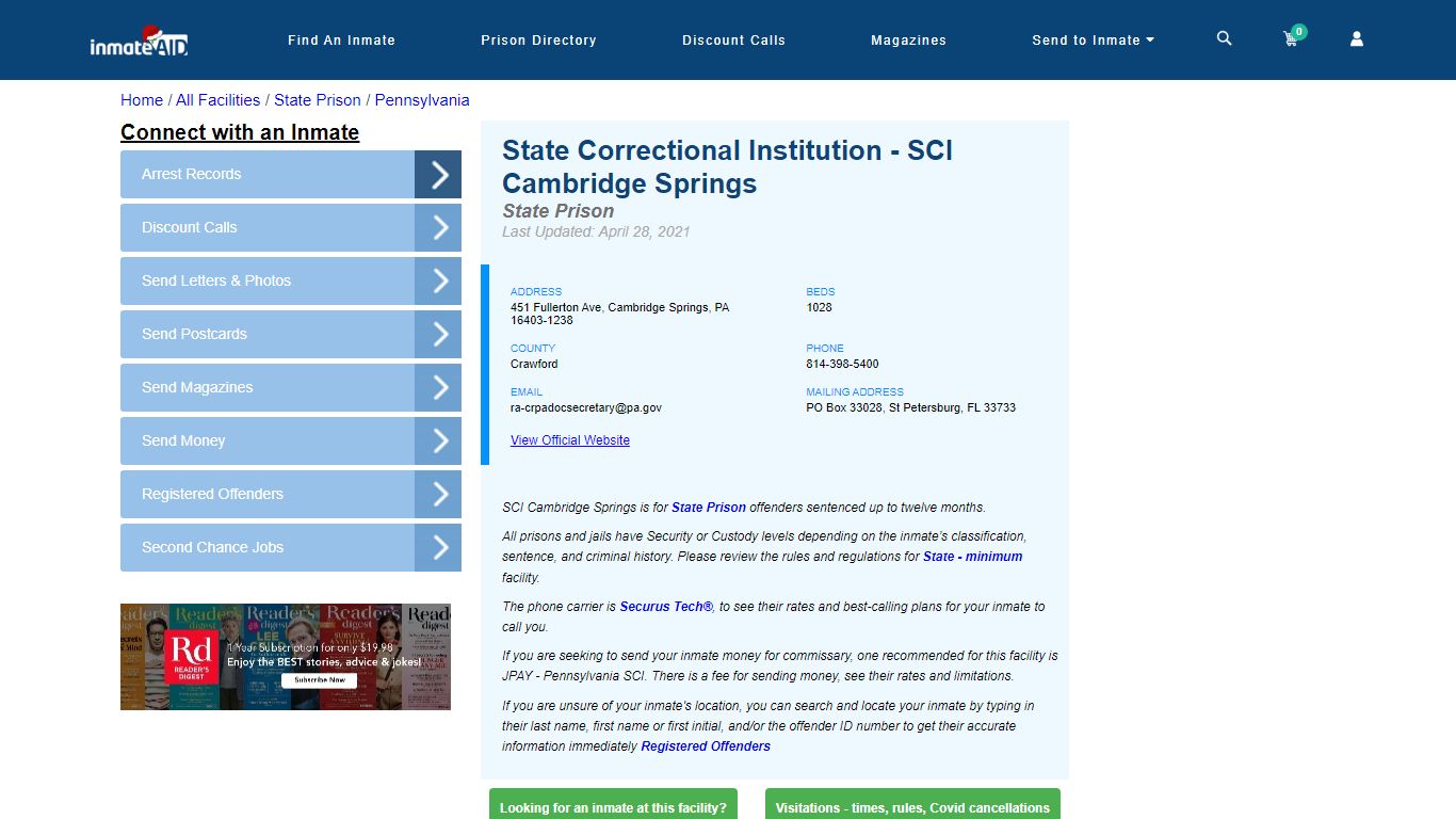 SCI Cambridge Springs & Inmate Search | Visitation - Cambridge Springs